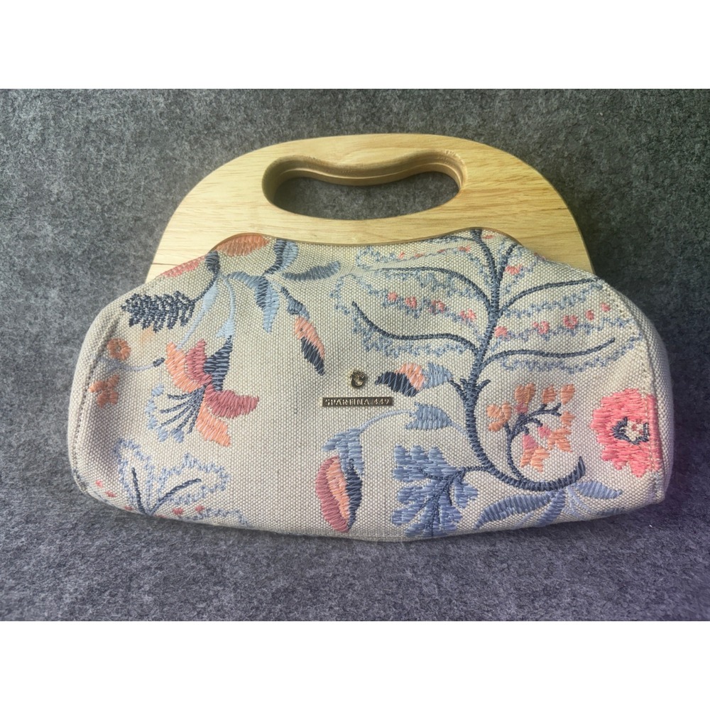 Spartina 449 Handbag Women Medium‎ Beige Floral Embroidered Wood Handle Clutch